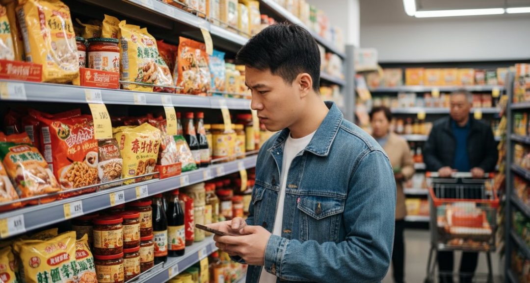 Joven chino mirando productos en un supermercado